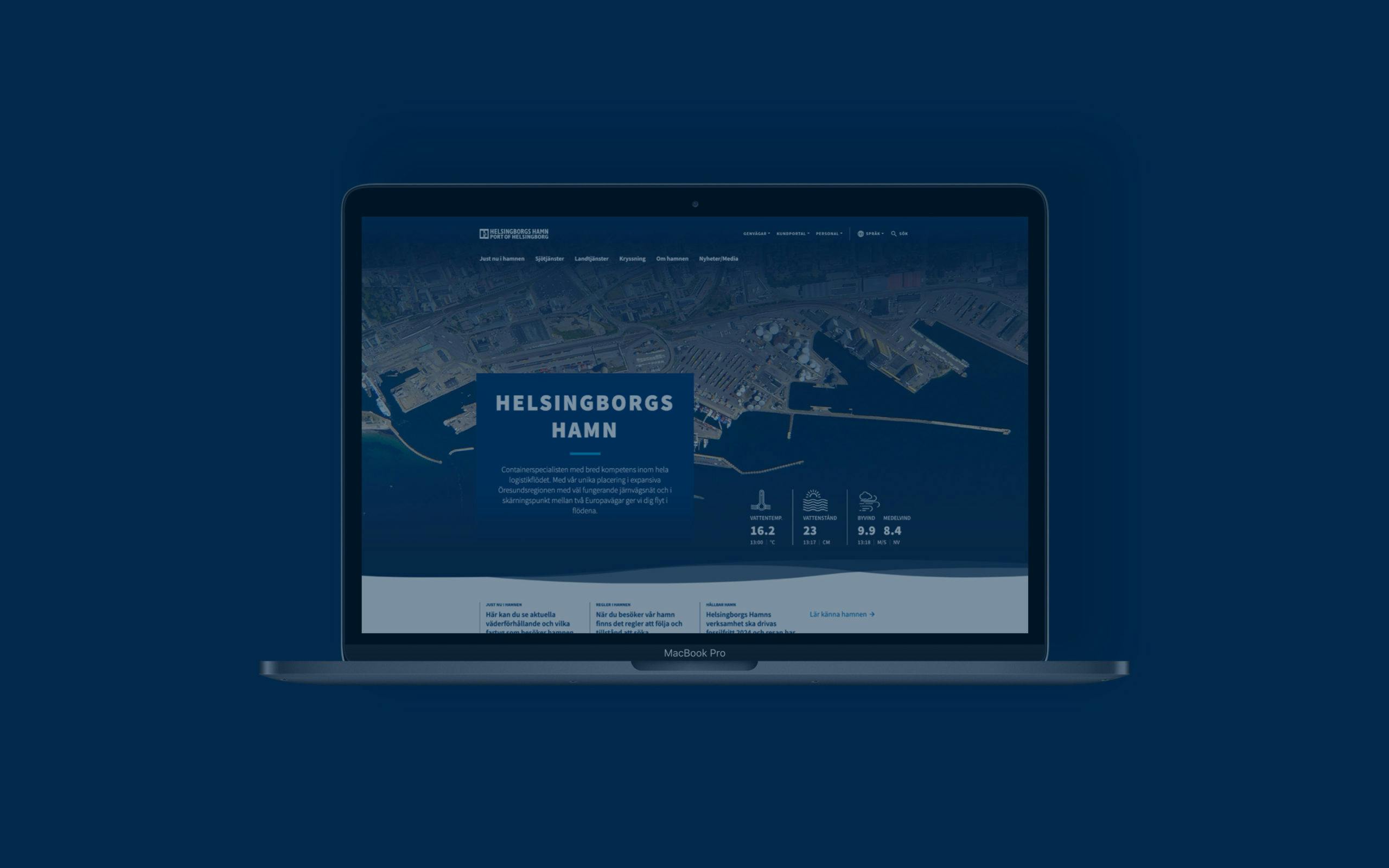 Helsingborgs hamn hemsida, mockup desktop, blå overlay