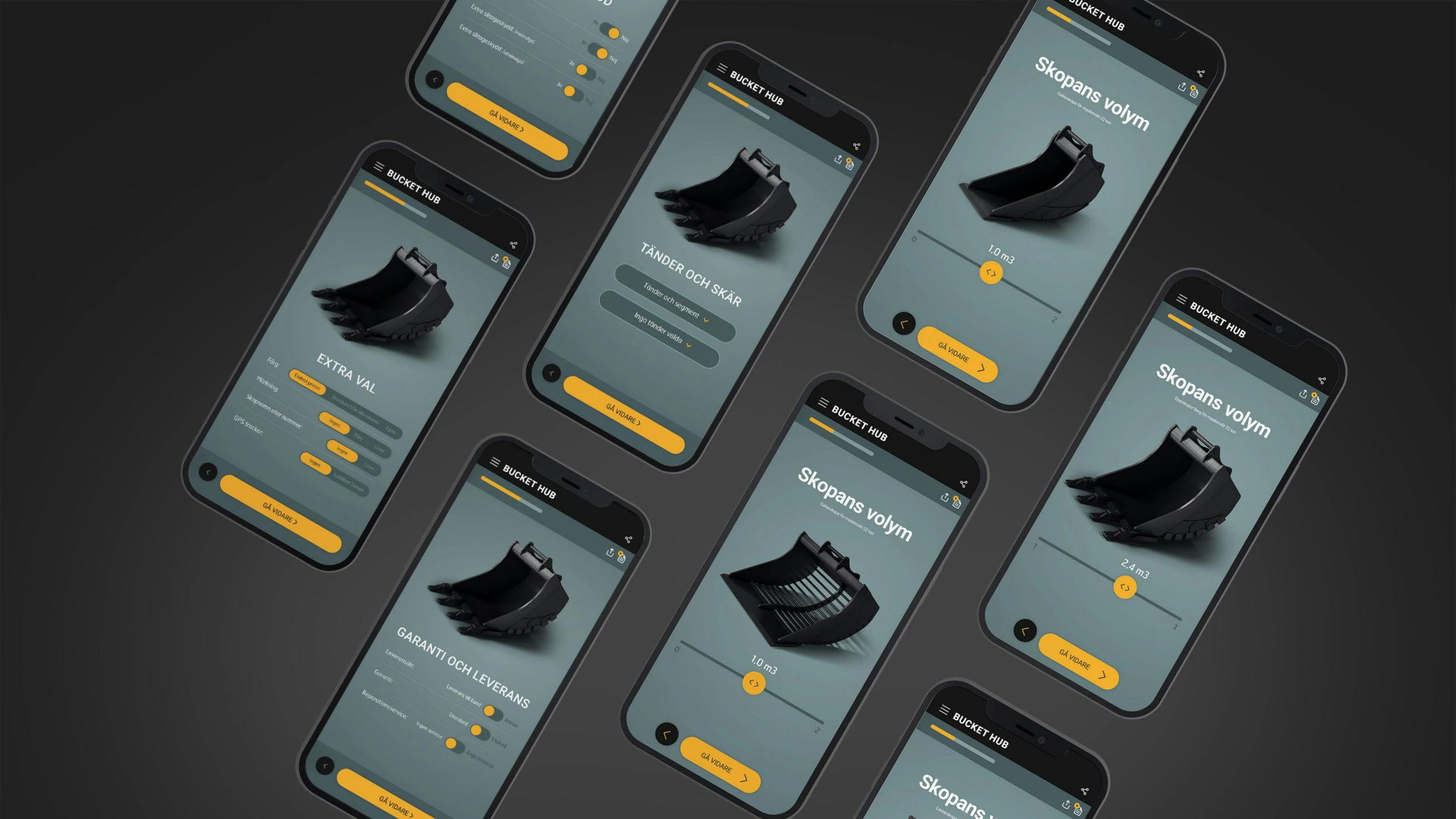 Skärmdumpar av flera mobiltelefoner av Bucket Hub - en e-tjänst där man beställer skopor från Hardox
