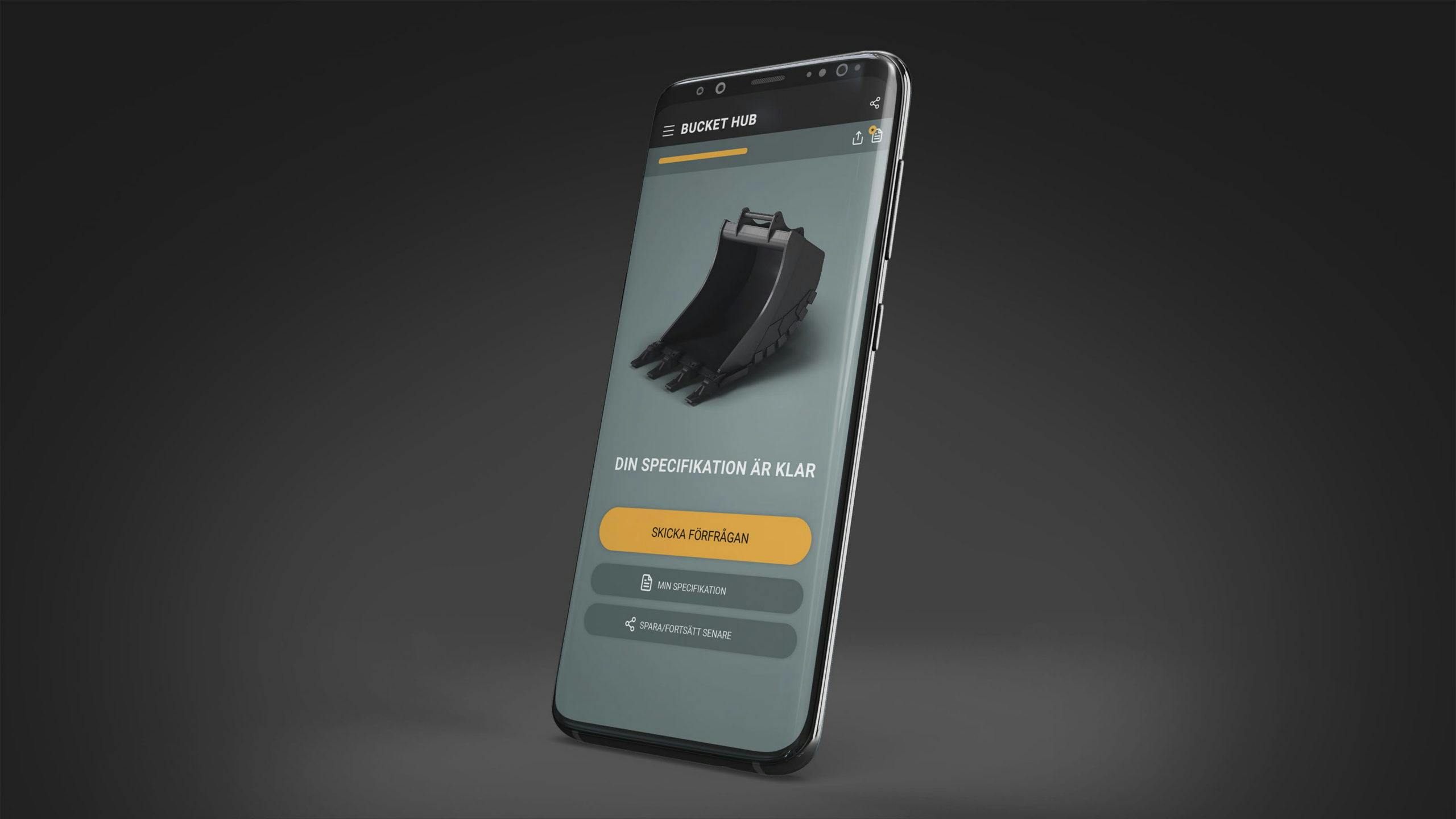 Skärmdump av en mobiltelefon av Bucket Hub - en e-tjänst där man beställer skopor från Hardox