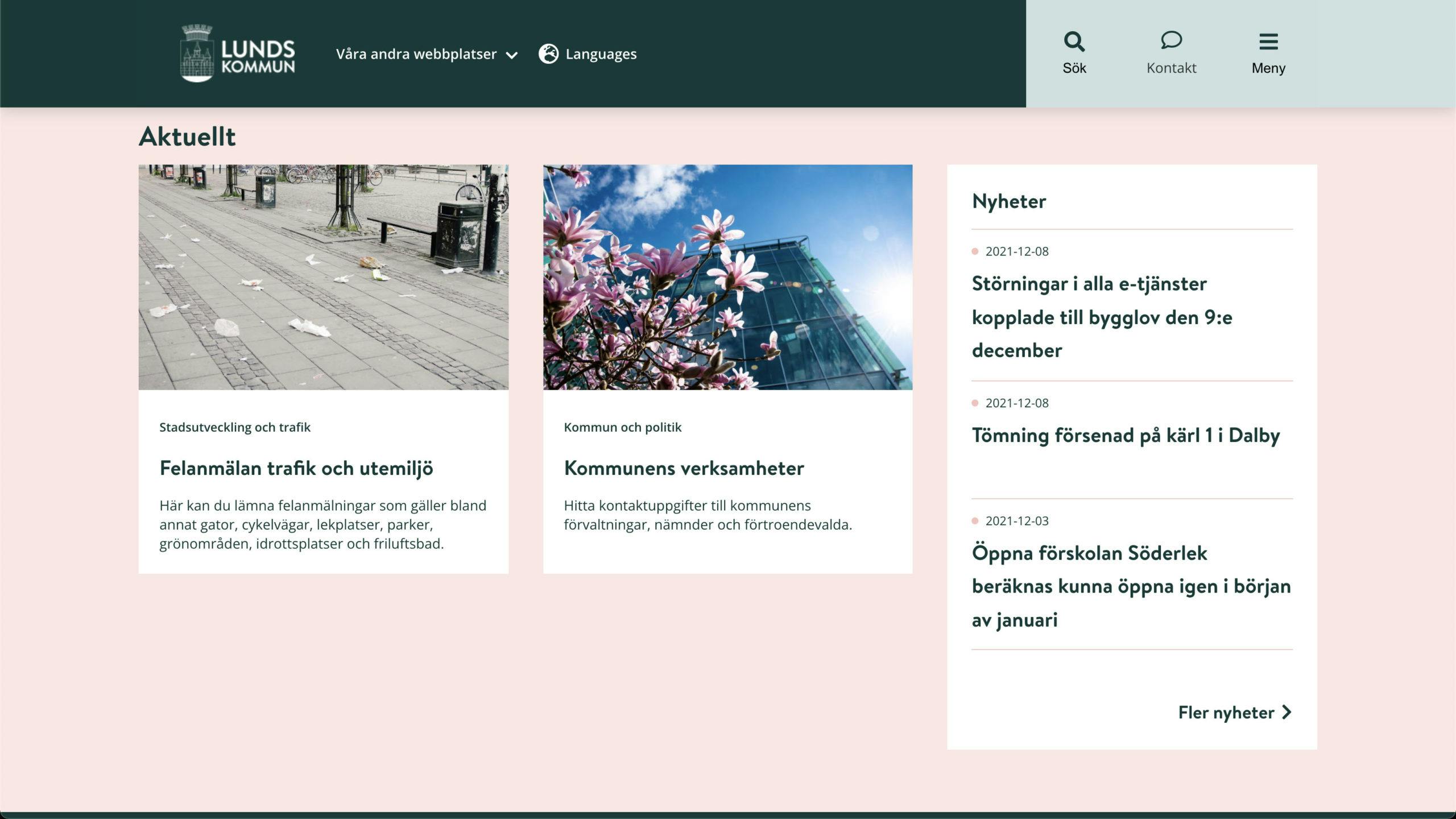 Lund kommuns nya webbplats aktuellt-sida, utvecklad av Consid
