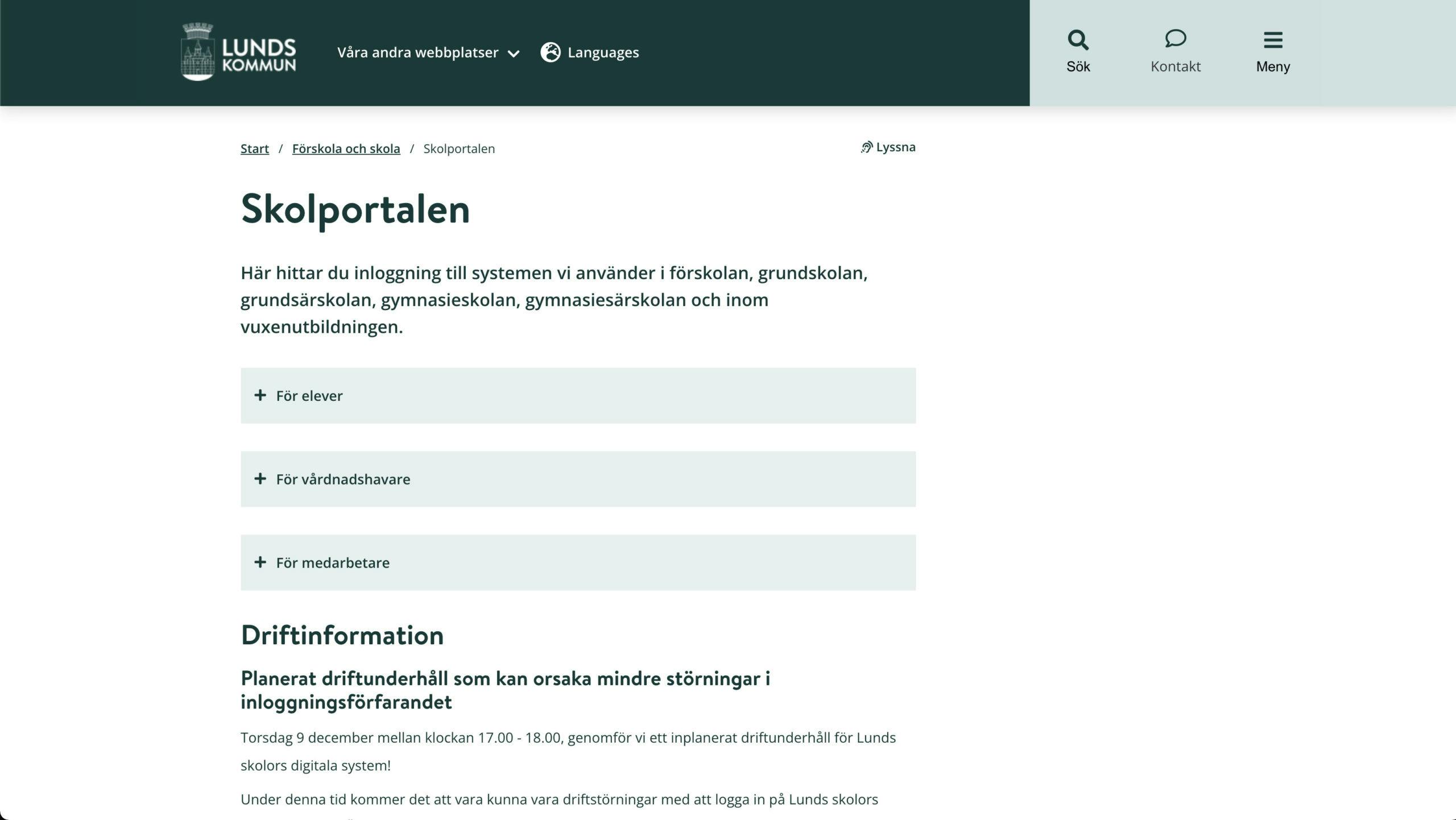Lund kommuns nya webbplats Skolportal, utvecklad av Consid