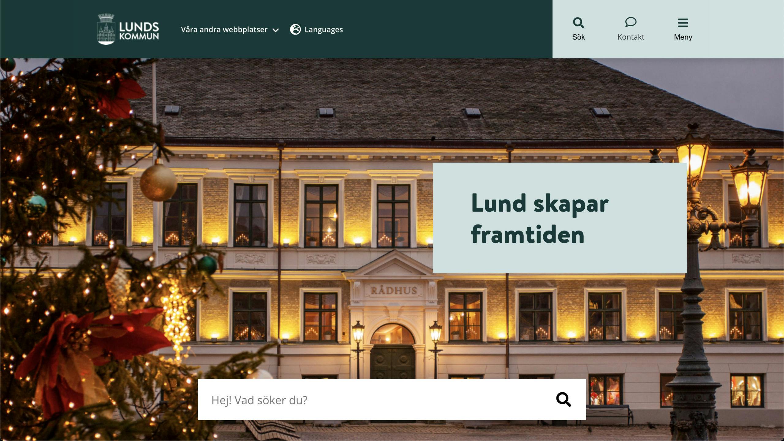 Lund kommuns nya webbplats startsida, utvecklad av Consid