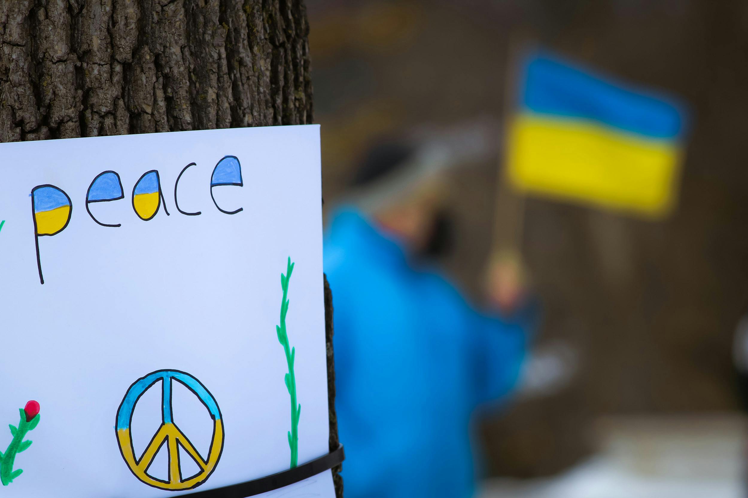 Teckning med texten "peace" i förgrunden och en man med en ukrainsk flagga i bakgrunden