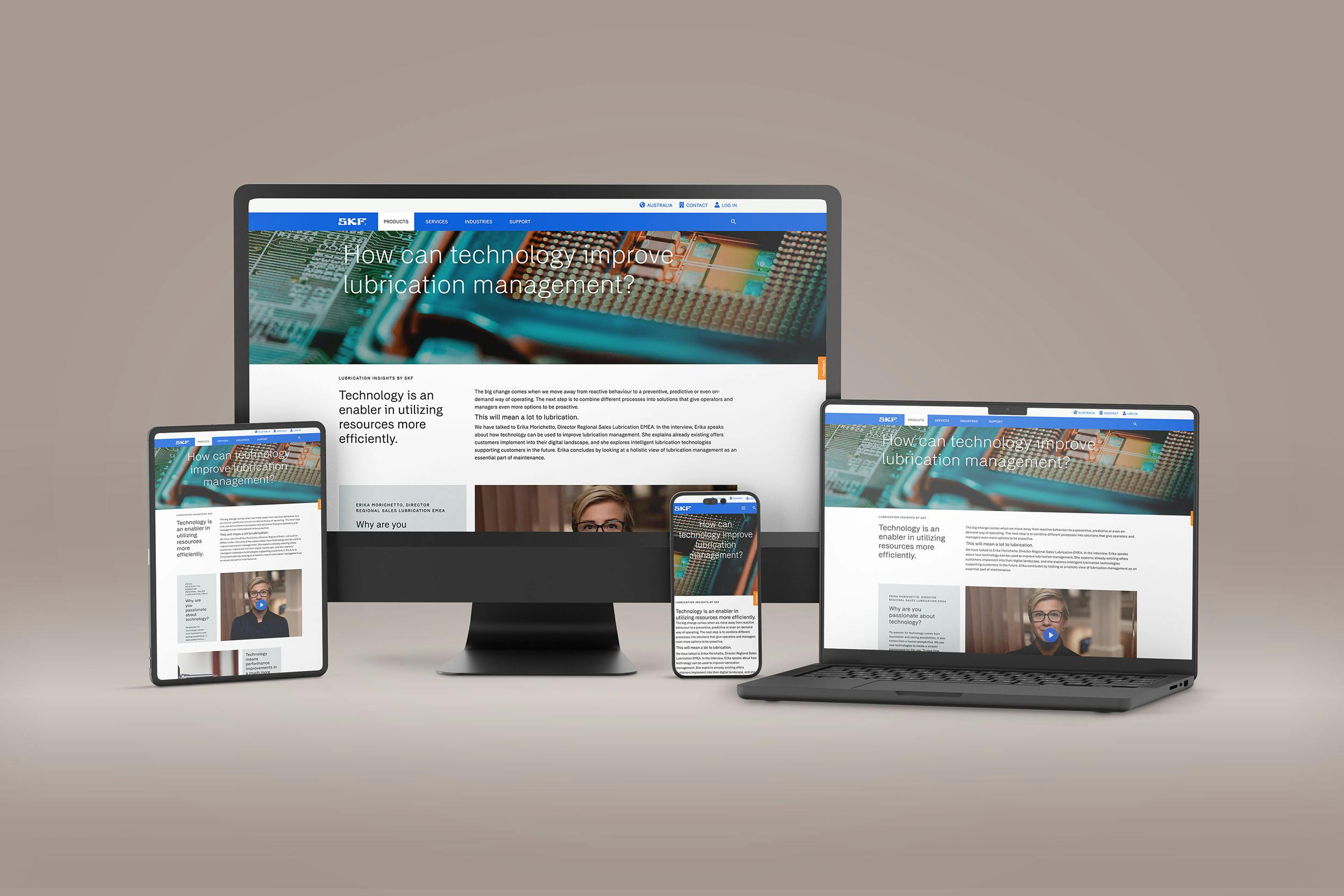 Mockup av SKF:s hemsida i laptop, datorskärm, iPad och telefon.