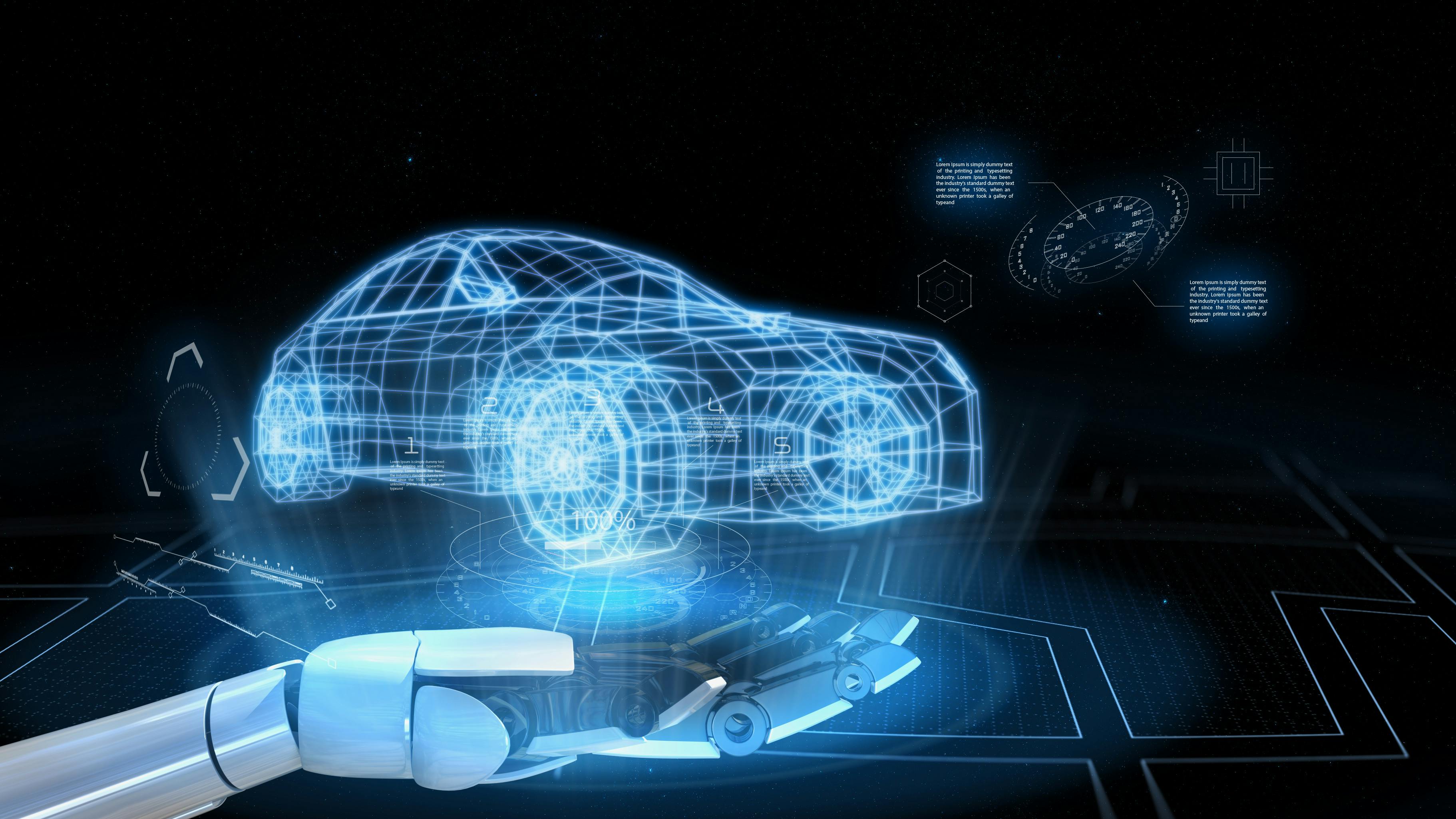 AI-drivna system levererar säkrare fordon. Självkörande fordon. Olika fordonsavkännande system. Framtidens smarta bil. 3D-rendering.